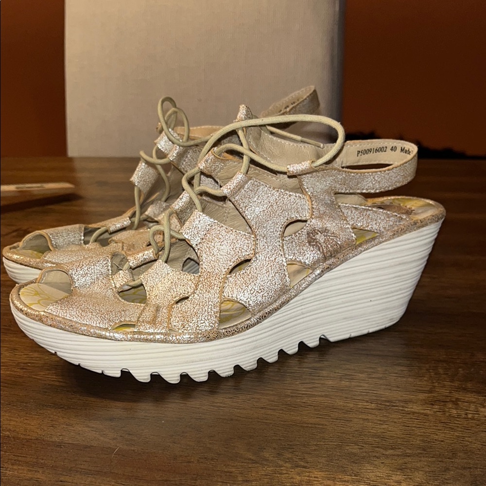 Fly London Stylish gold Wedge Sandals lace ups size 40 nice